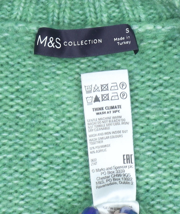 Marks and Spencer Womens Green Cable Knit V-Neck Pullover Jumper Size S