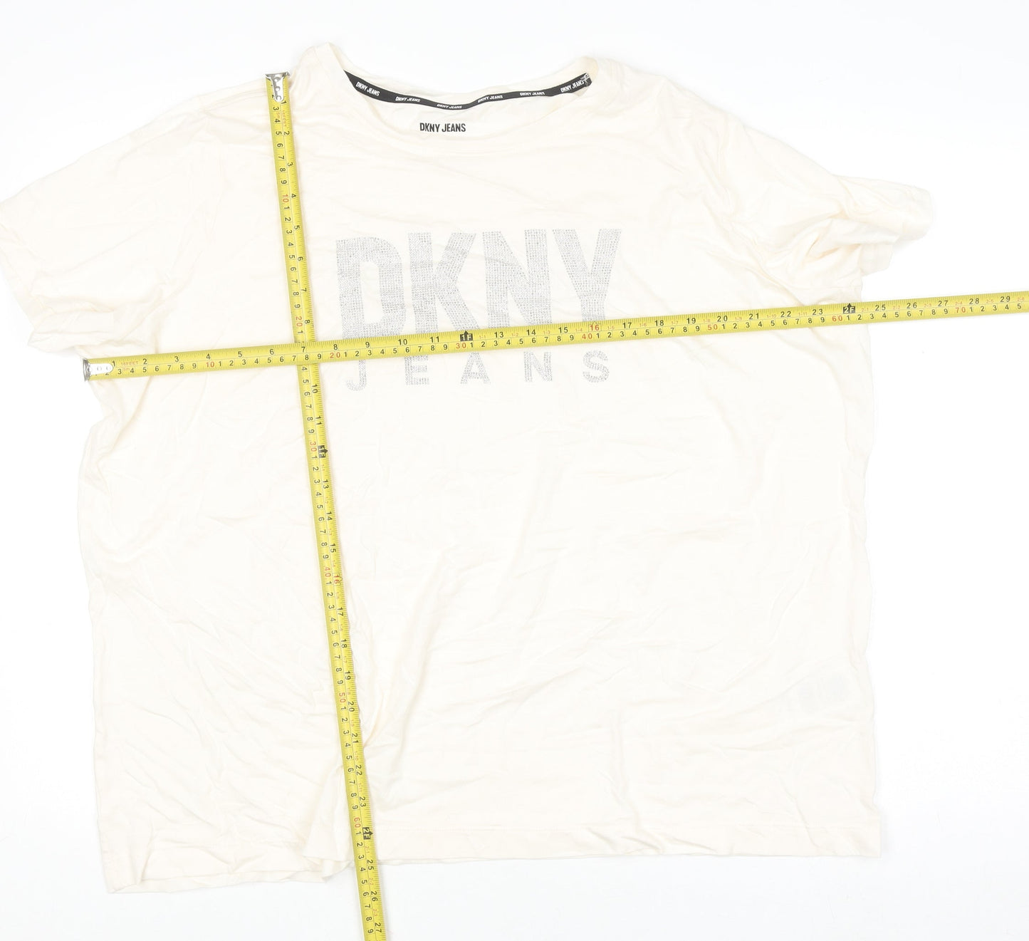 DKNY Jeans Women's Ivory Beaded Logo Cotton Modal T-Shirt Size 18 Plus