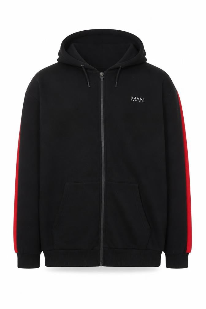 boohooMAN Men's Black Full Zip Hoodie Size M with Red Stripe Detail