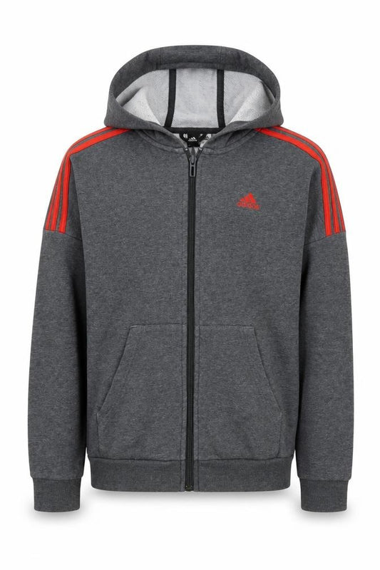 Adidas Boys Grey Full Zip Hoodie 11-12 Years Cotton Blend Red Stripes