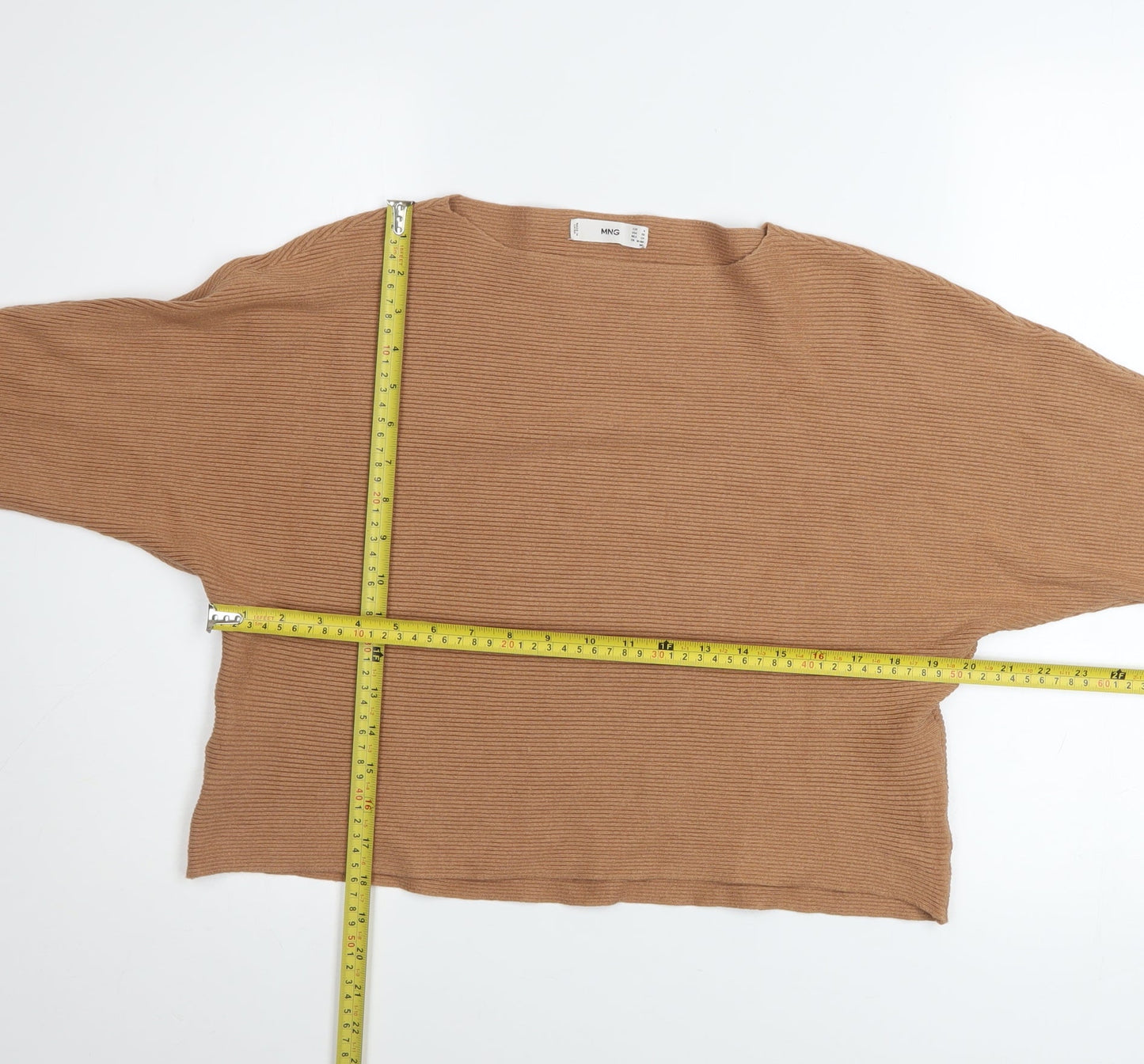 MNG Women’s Beige Ribbed Boat Neck Relaxed Fit Pullover Jumper Size 8