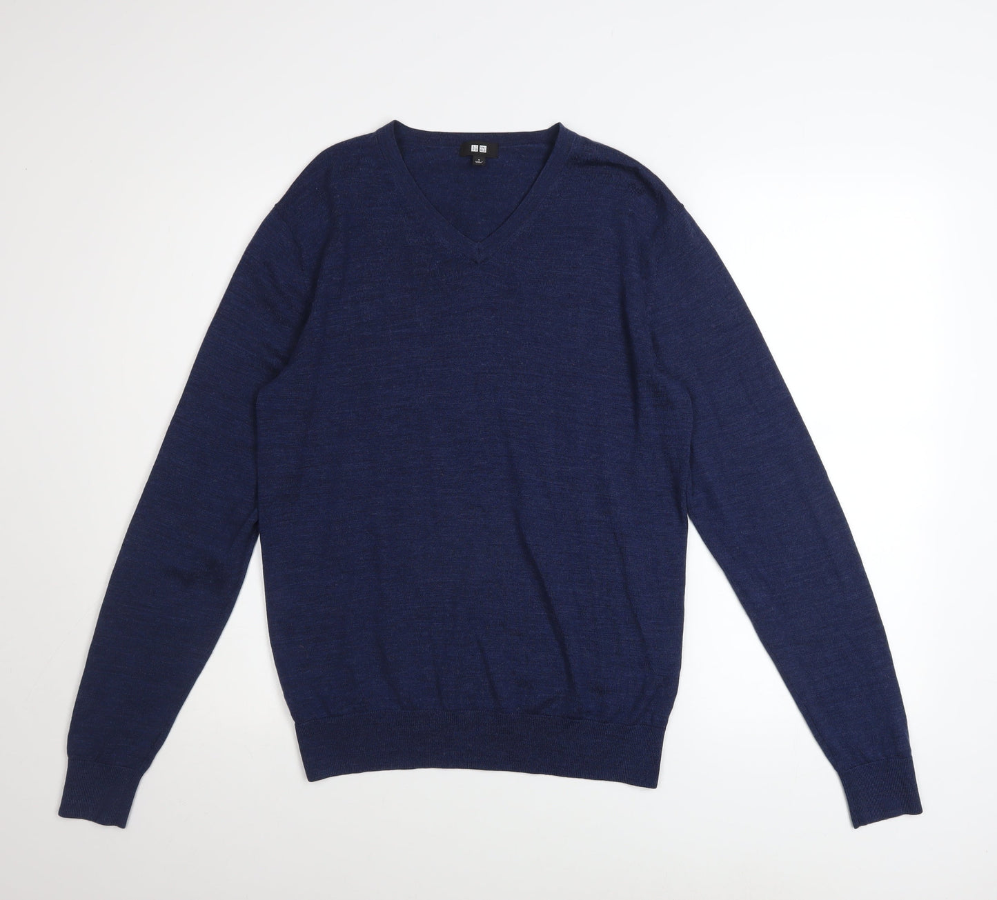 Uniqlo Men Blue Wool V-Neck Long Sleeve Pullover Jumper Size S