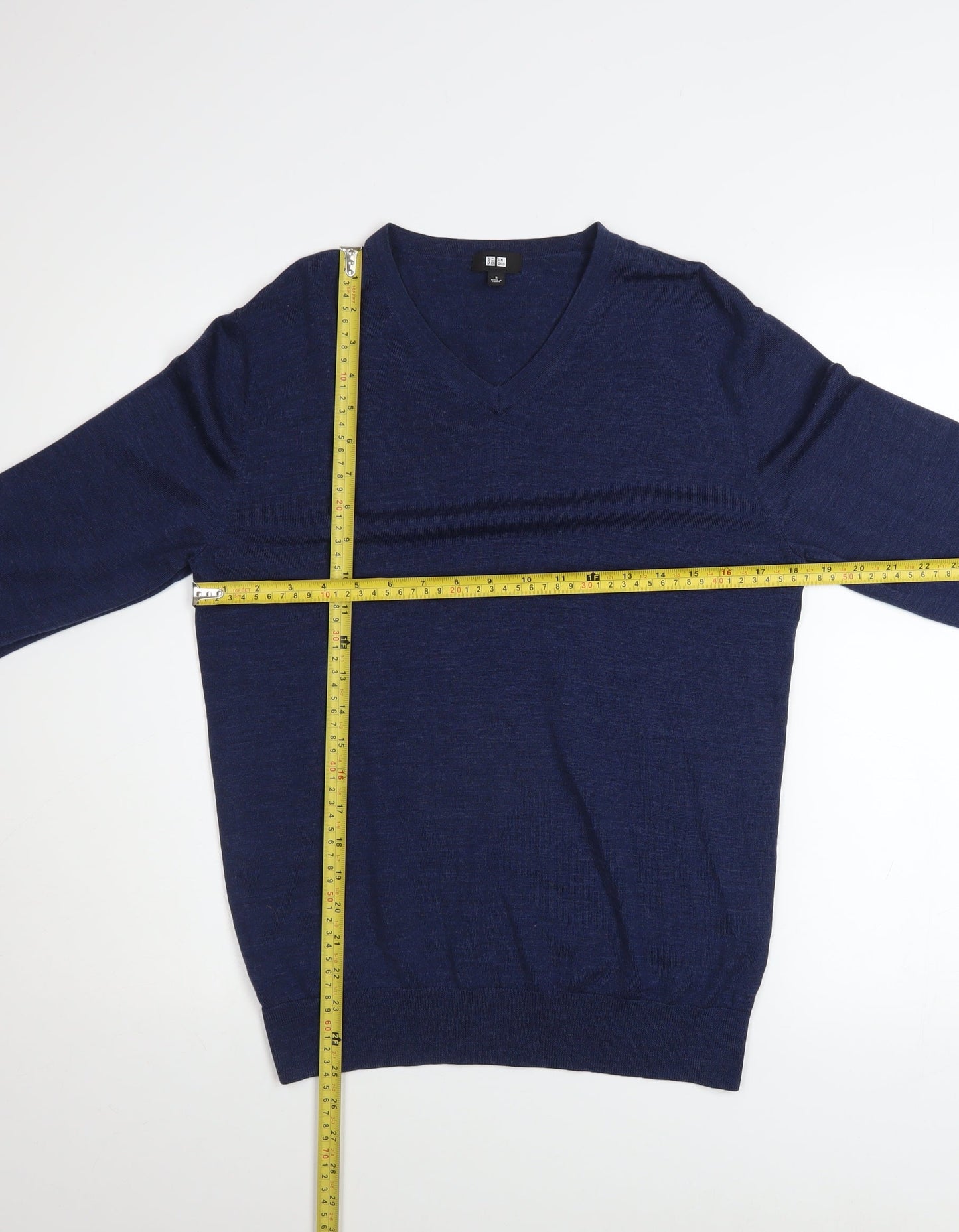 Uniqlo Men Blue Wool V-Neck Long Sleeve Pullover Jumper Size S