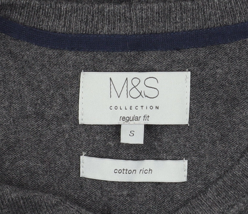 Marks and Spencer Men’s Grey V-Neck Cotton Blend Pullover Jumper S