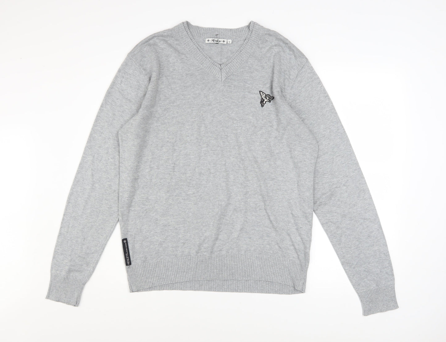 Henleys Men's Grey V-Neck Cotton Blend Pullover Jumper Size L