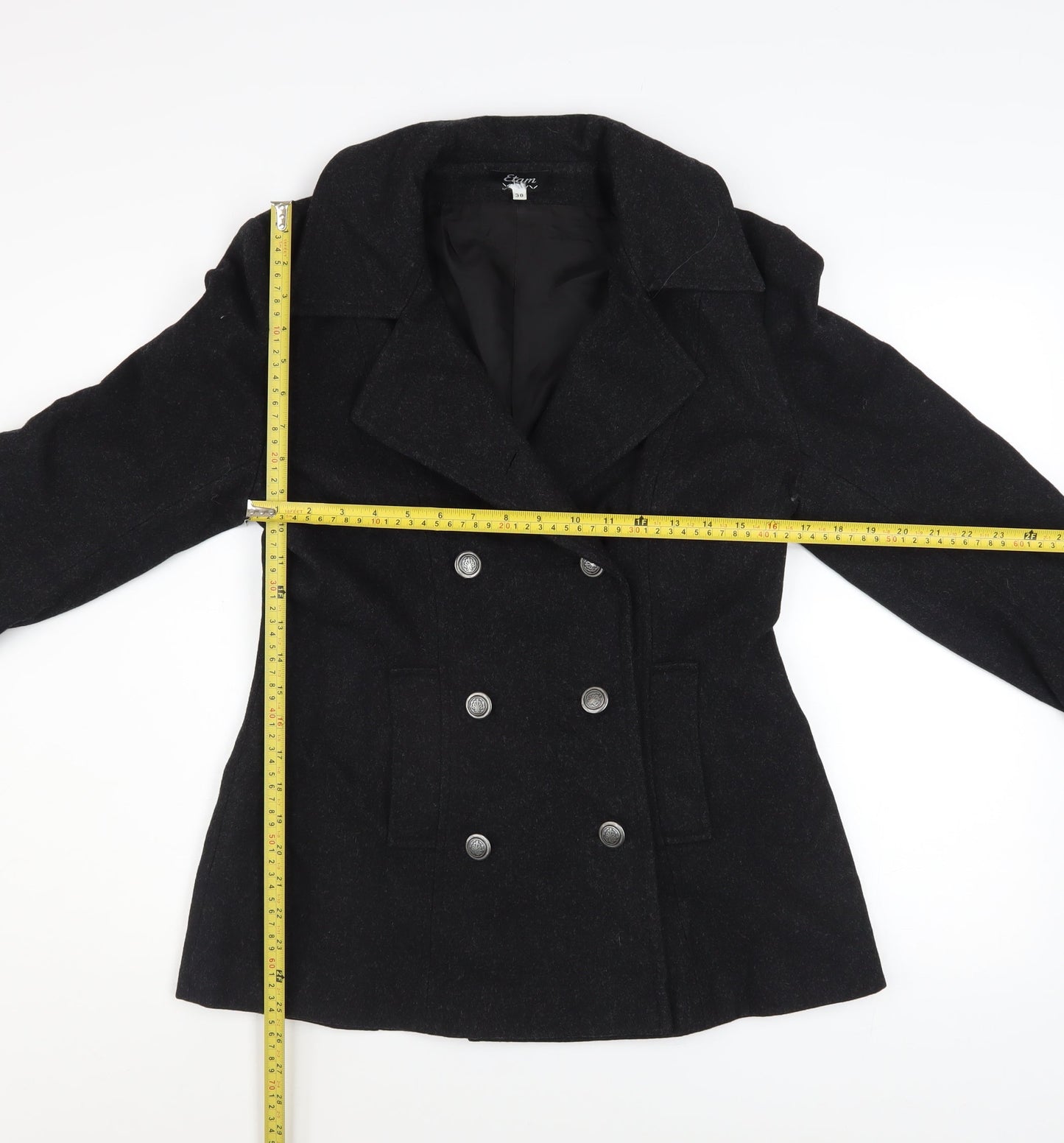 Etam Women’s Black Wool Pea Coat Medium Classic Double Breasted Jacket
