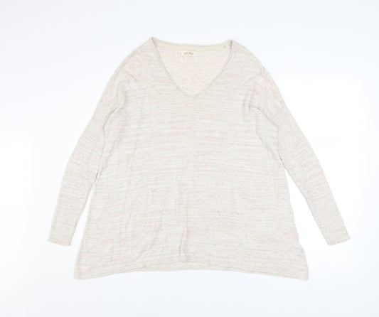 Fat Face Women's Beige V-Neck Long Sleeve Cotton Blend Pullover Jumper Size 8