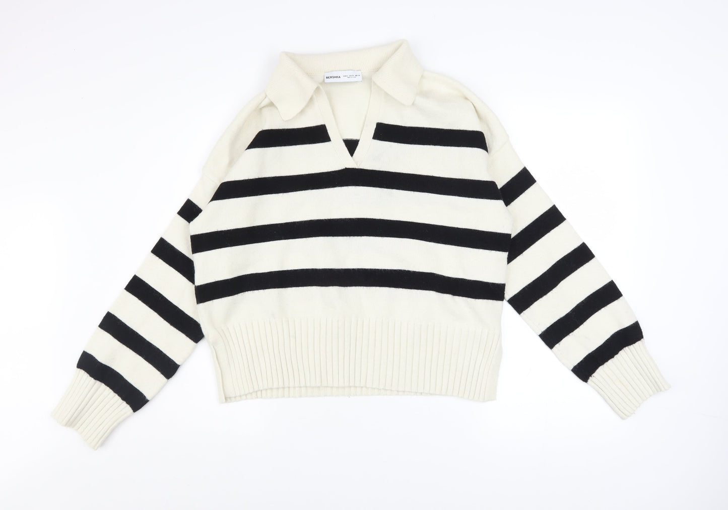 Bershka Women’s Black White Striped V-Neck Knit Jumper Size 12
