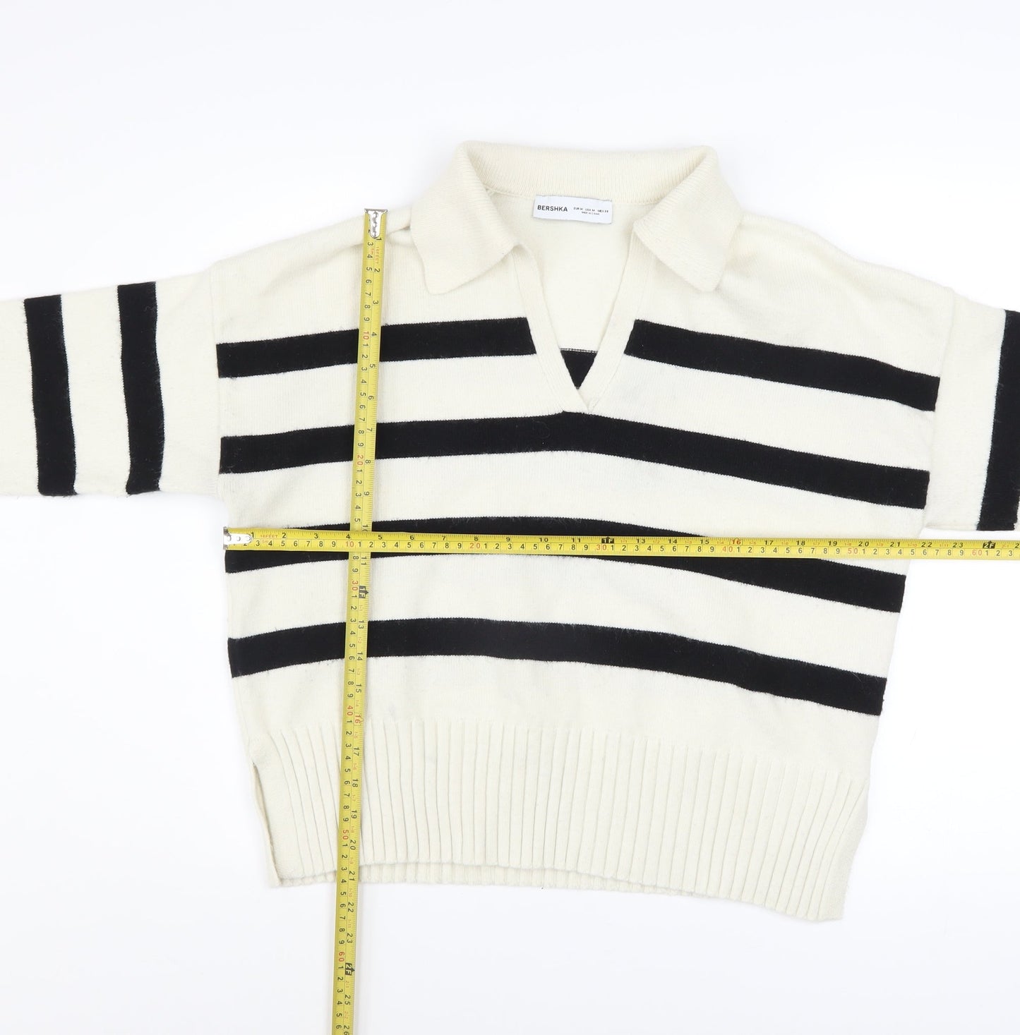 Bershka Women’s Black White Striped V-Neck Knit Jumper Size 12
