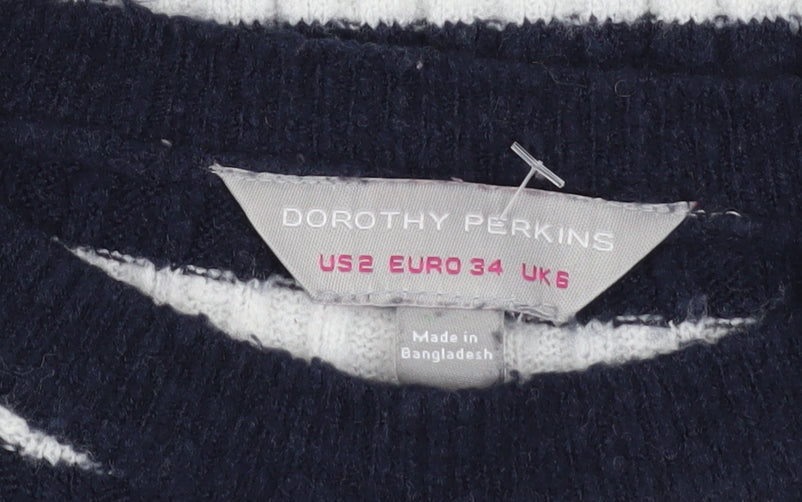 Dorothy Perkins Women's Blue Striped Crew Neck Knit Jumper Size 6