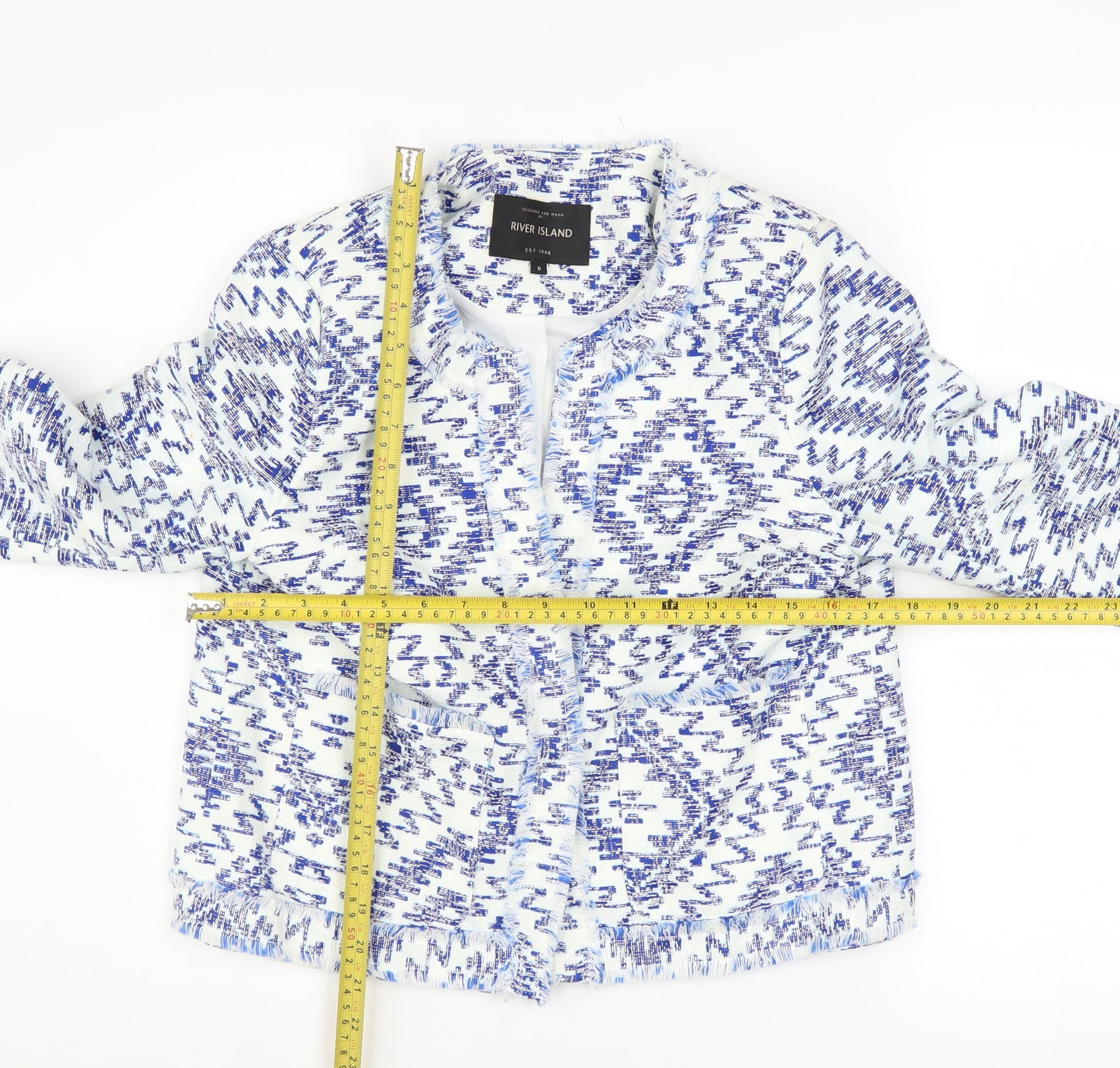 River Island Women Blue Geometric Tweed Fringe Jacket Size 8