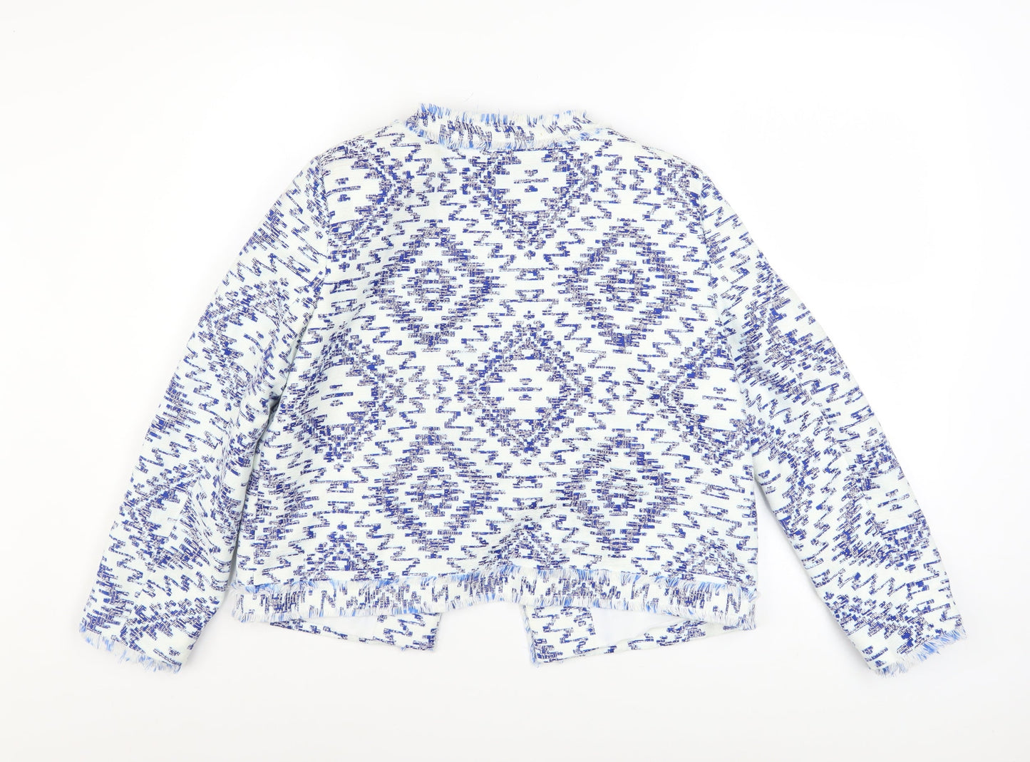 River Island Women Blue Geometric Tweed Fringe Jacket Size 8