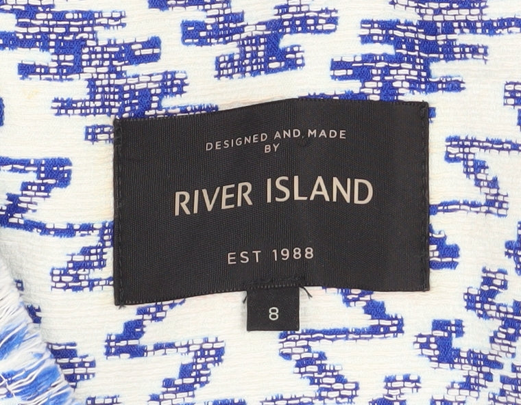 River Island Women Blue Geometric Tweed Fringe Jacket Size 8