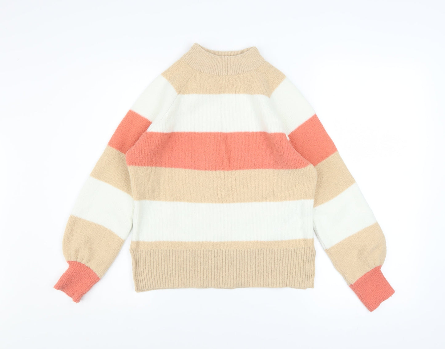 Marks and Spencer Women's Beige White Orange Striped High Neck Pullover Jumper Size S