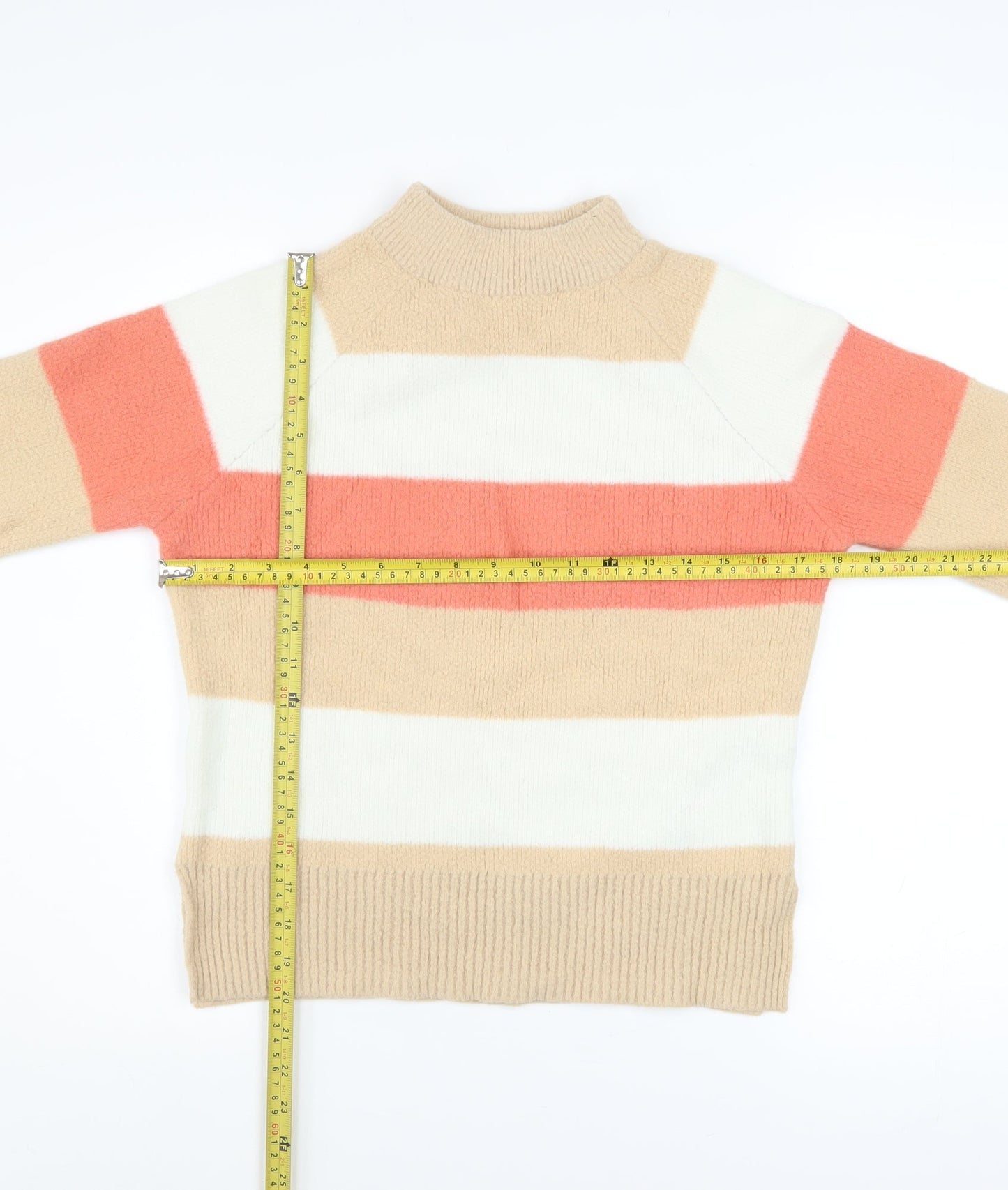 Marks and Spencer Women's Beige White Orange Striped High Neck Pullover Jumper Size S