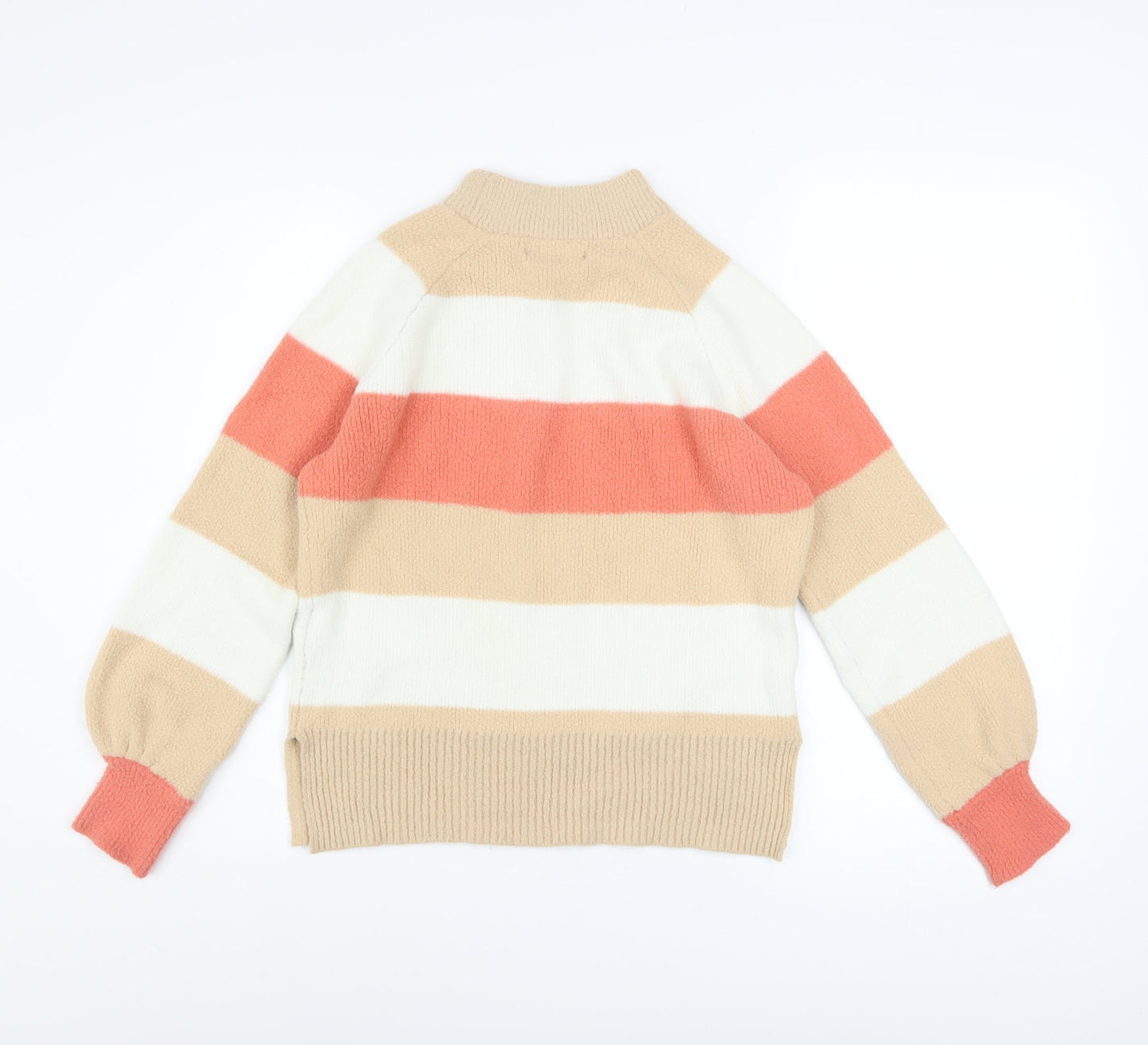 Marks and Spencer Women's Beige White Orange Striped High Neck Pullover Jumper Size S