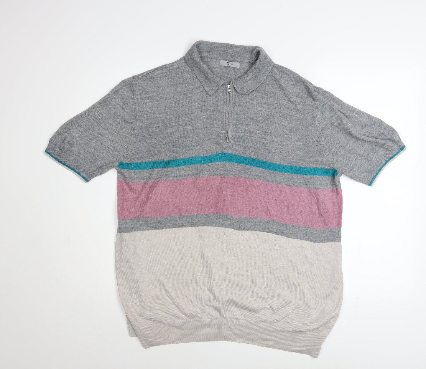 Tu Men's Grey Multicoloured Striped Short Sleeve Knit Polo Shirt M