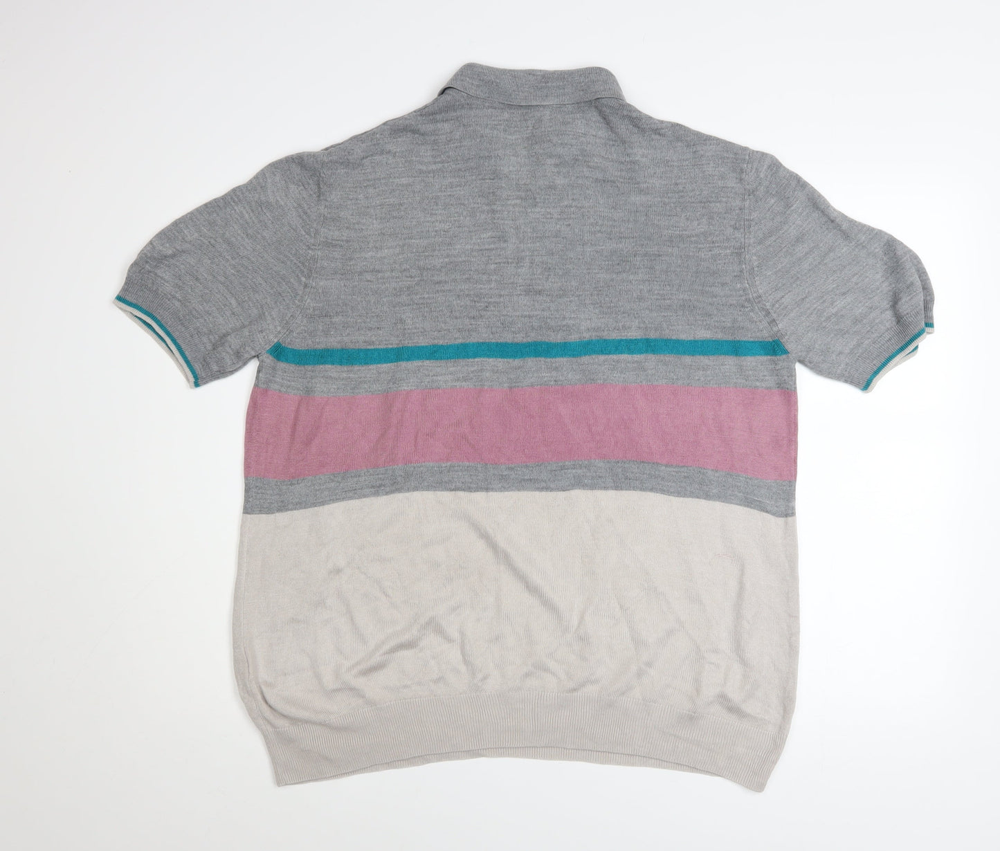Tu Men's Grey Multicoloured Striped Short Sleeve Knit Polo Shirt M