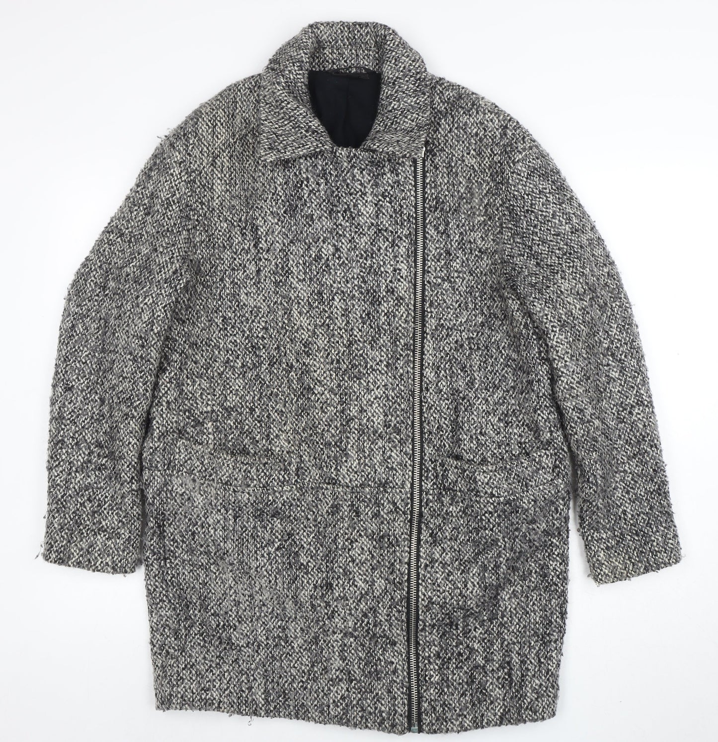 Topshop Women Grey Wool Blend Zip Long Tweed Overcoat UK 10