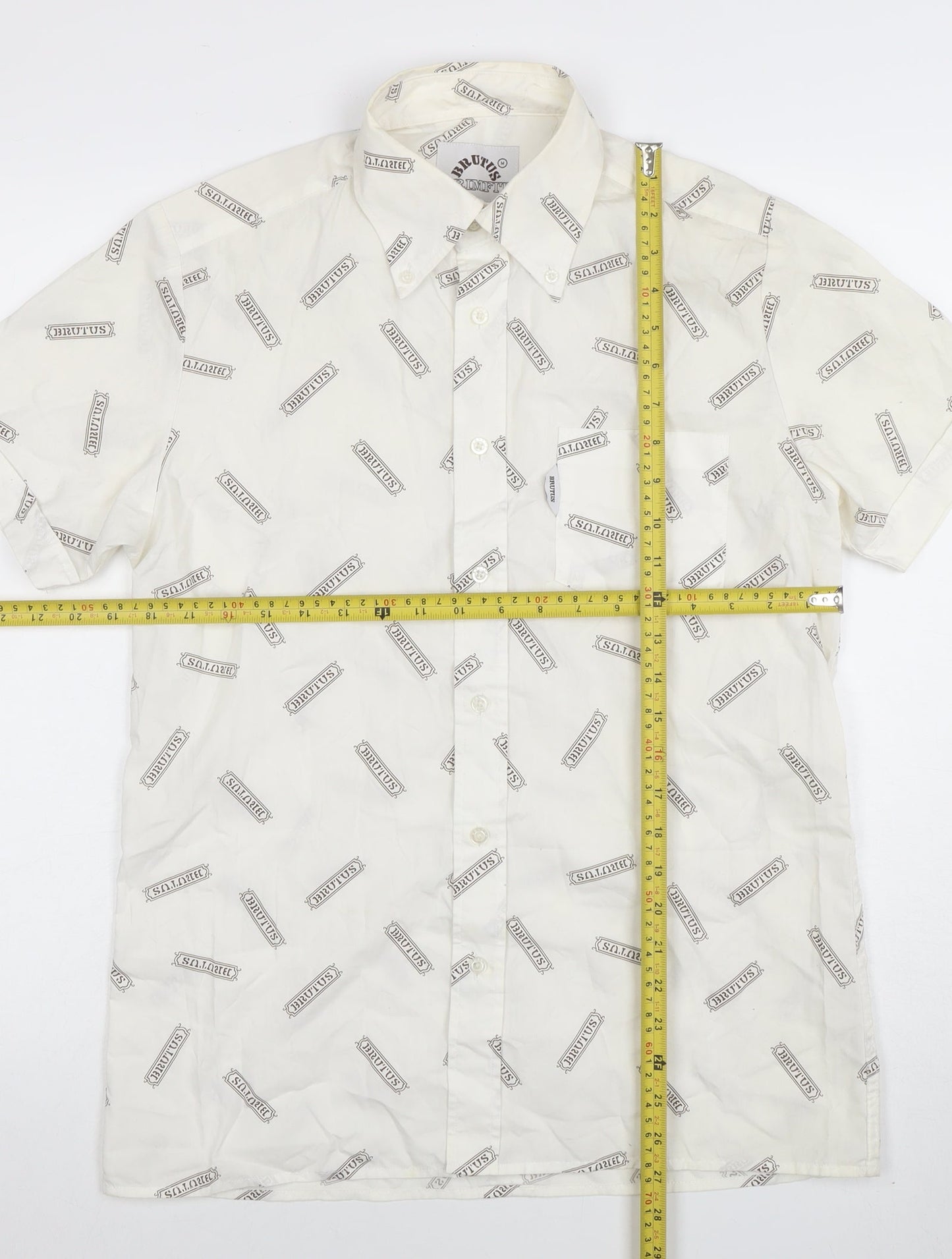 Brutus Men's White Short Sleeve Button-Up Shirt M Retro Graphic Print