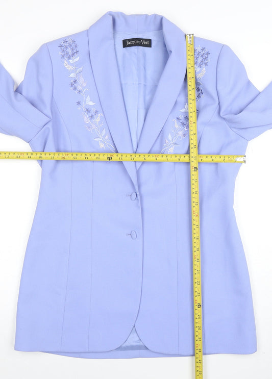 Jacques Vert Women Blue Embroidered Shawl Lapel Two-Button Blazer UK 12