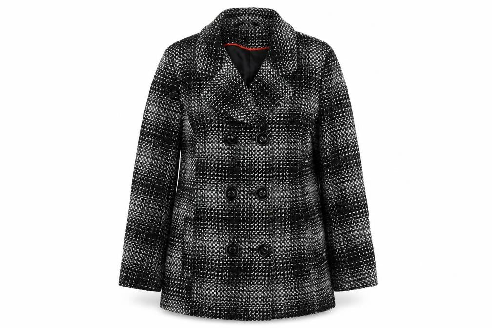 Classics Womens Black Check Tweed Pea Coat Size 16 Lined Mid-Length Jacket