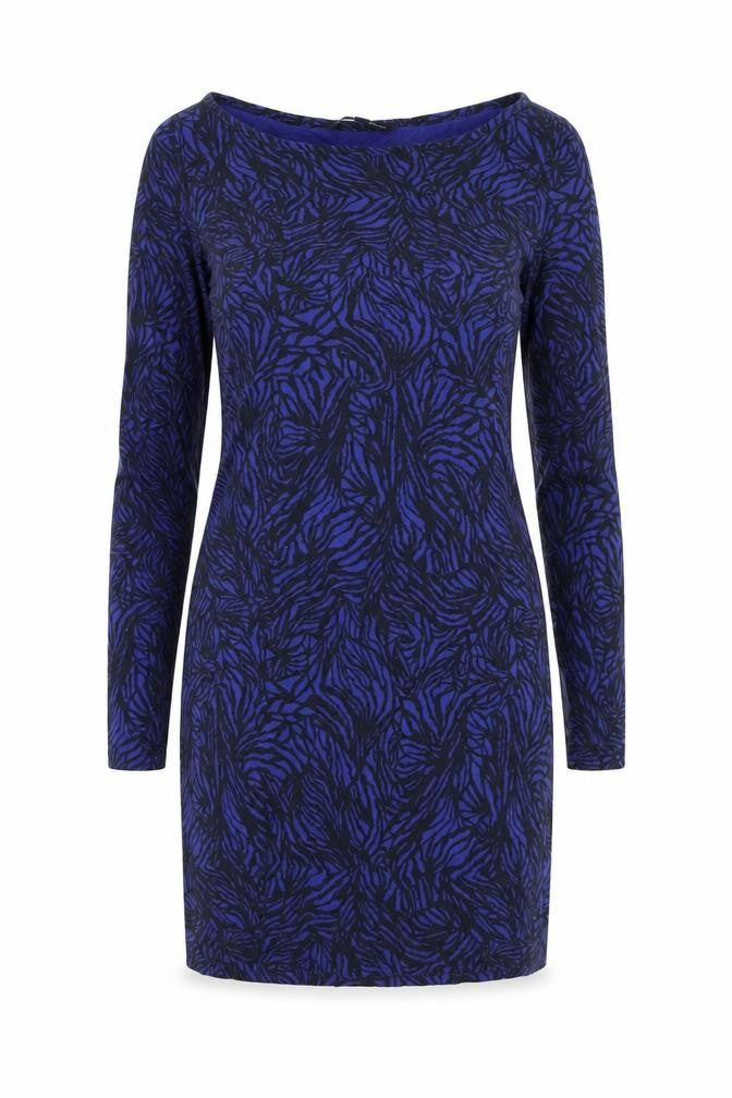 Front view of French Connection Women's Blue Animal Print Bodycon Dress, size S