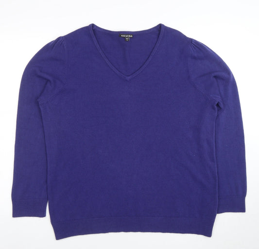 Anne Weyburn Women Purple V-Neck Cotton Cashmere Jumper Size 24
