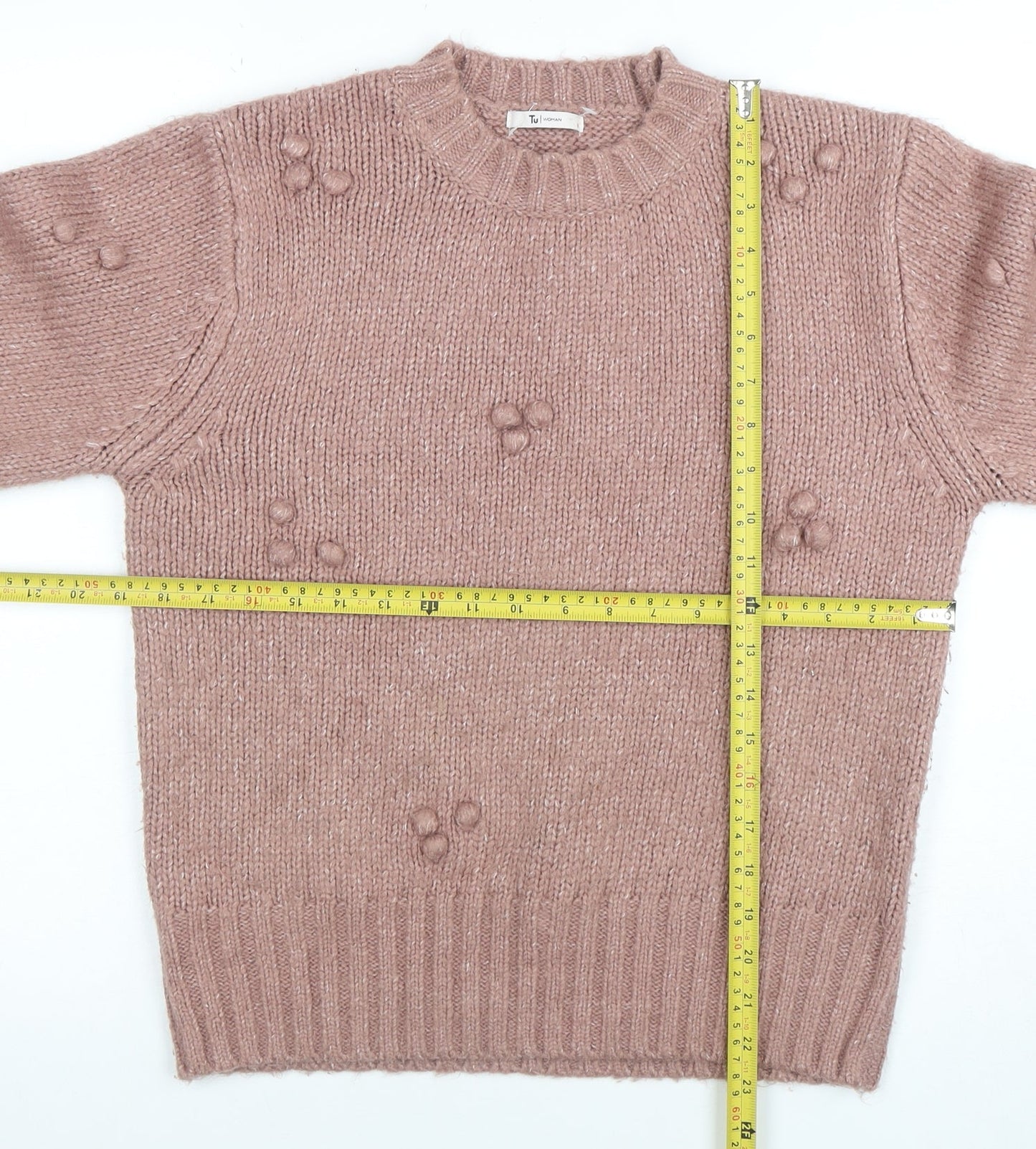 Tu Women Pink Crew Neck Chunky Knit Pullover Jumper Size S