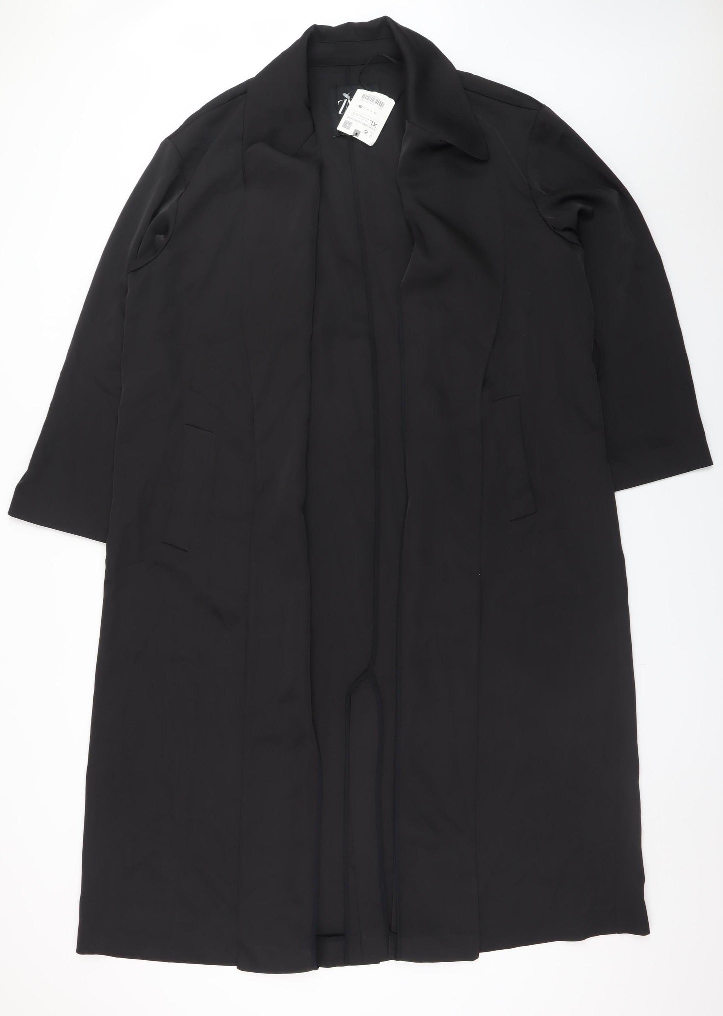 Zara Women Black Long Trench Coat Size 14 Classic Style
