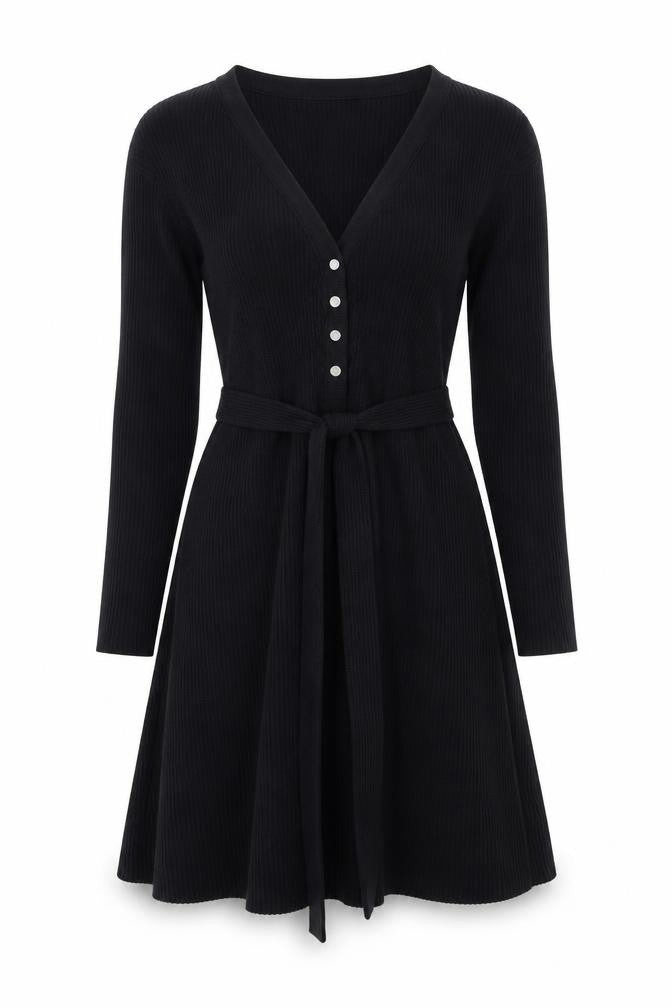Front view of ASOS Women’s Black Fit & Flare Knit Button Long Sleeve Dress UK 10