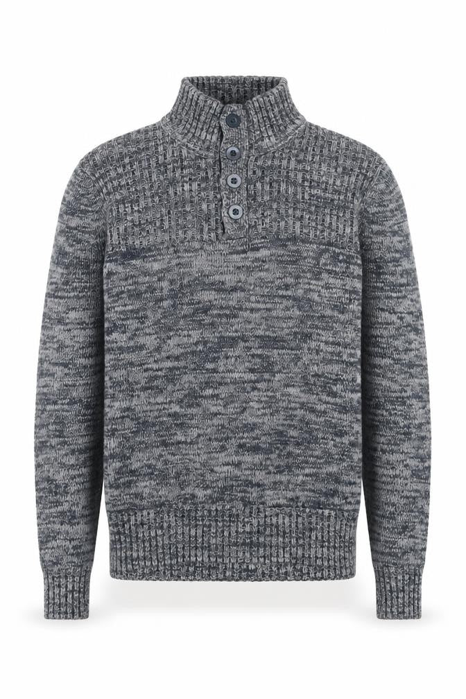 Identic Men Grey Chunky-Knit Henley Jumper M High Neck Casual