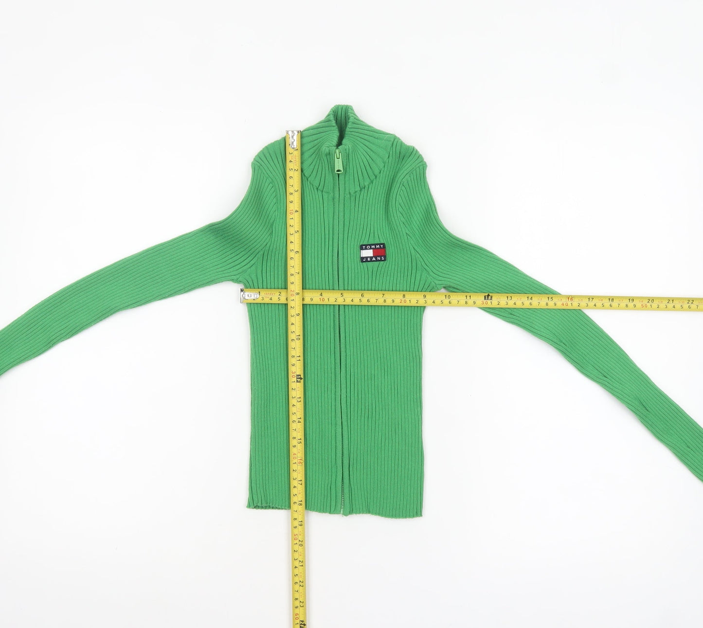 Tommy Jeans Women's Green XS Full Zip Ribbed Knit Jumper