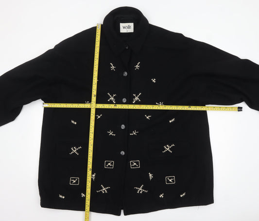 Wallis Women’s Black Wool Overcoat Size 14 Embroidered Classic Style