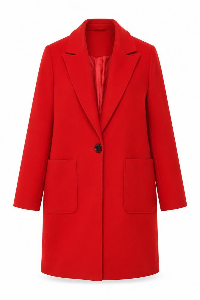 Front view of Miss Selfridge women’s red wool blend long overcoat, size UK 10