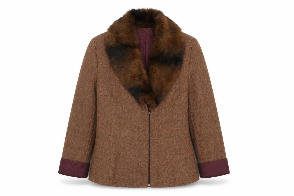 D’Errico Women’s Brown Wool Tweed Fur Trim Jacket Size 14
