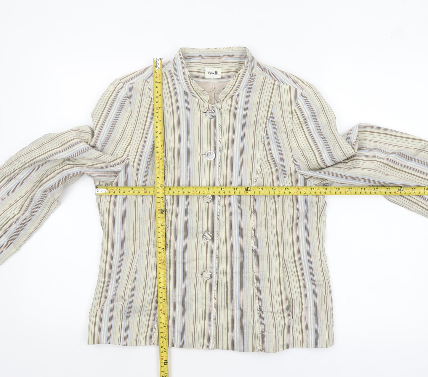 Viyella Women Beige Striped Button Jacket Size 10 Lightweight Cotton Blend