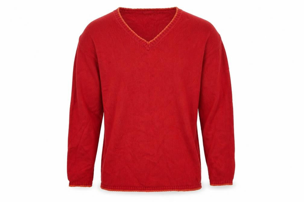 Front view of Principles Men Red Cotton V-Neck jumper, size L