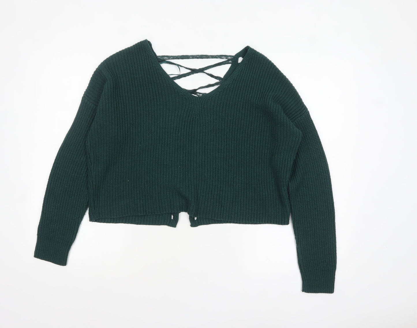 Miss Selfridge Women Green V-Neck Lace-Up Knit Jumper Size 8