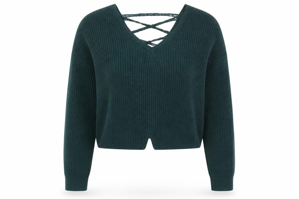 Miss Selfridge Women Green V-Neck Lace-Up Knit Jumper Size 8