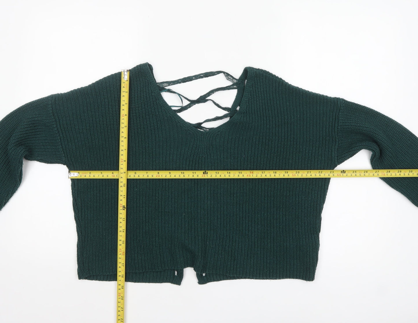 Miss Selfridge Women Green V-Neck Lace-Up Knit Jumper Size 8