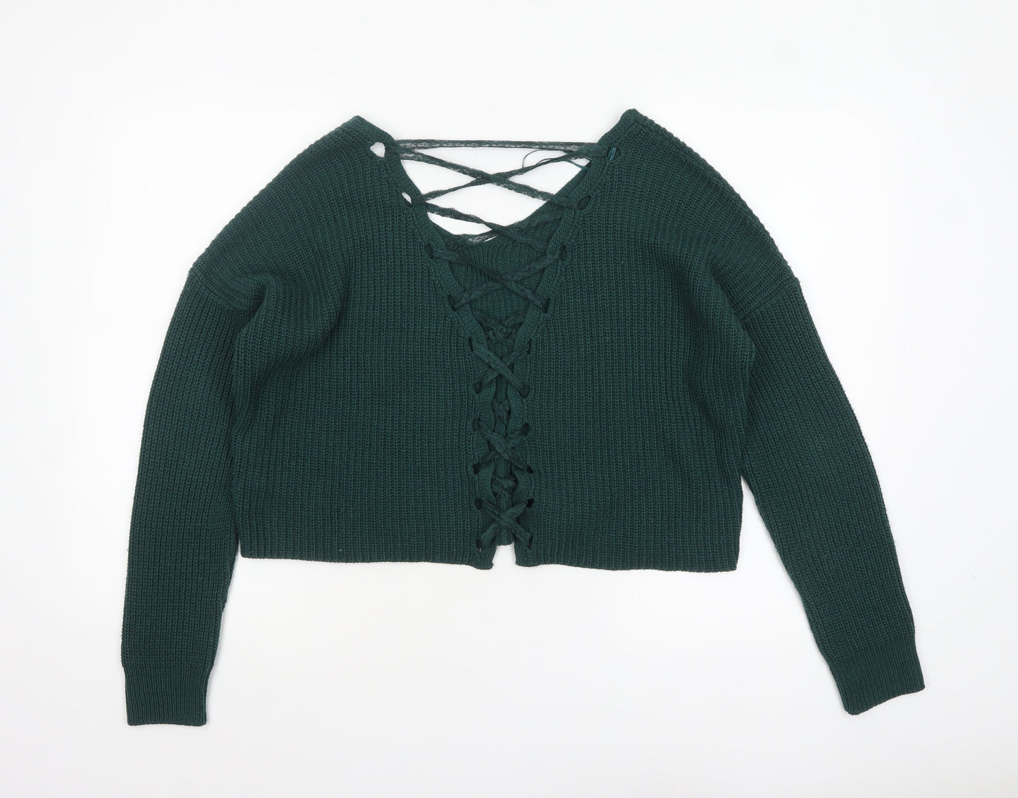 Miss Selfridge Women Green V-Neck Lace-Up Knit Jumper Size 8