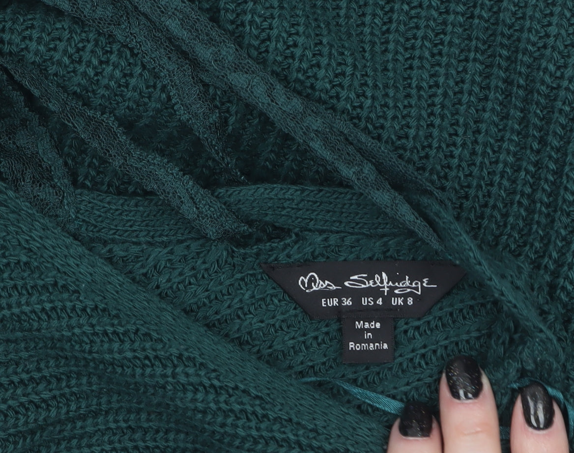 Miss Selfridge Women Green V-Neck Lace-Up Knit Jumper Size 8
