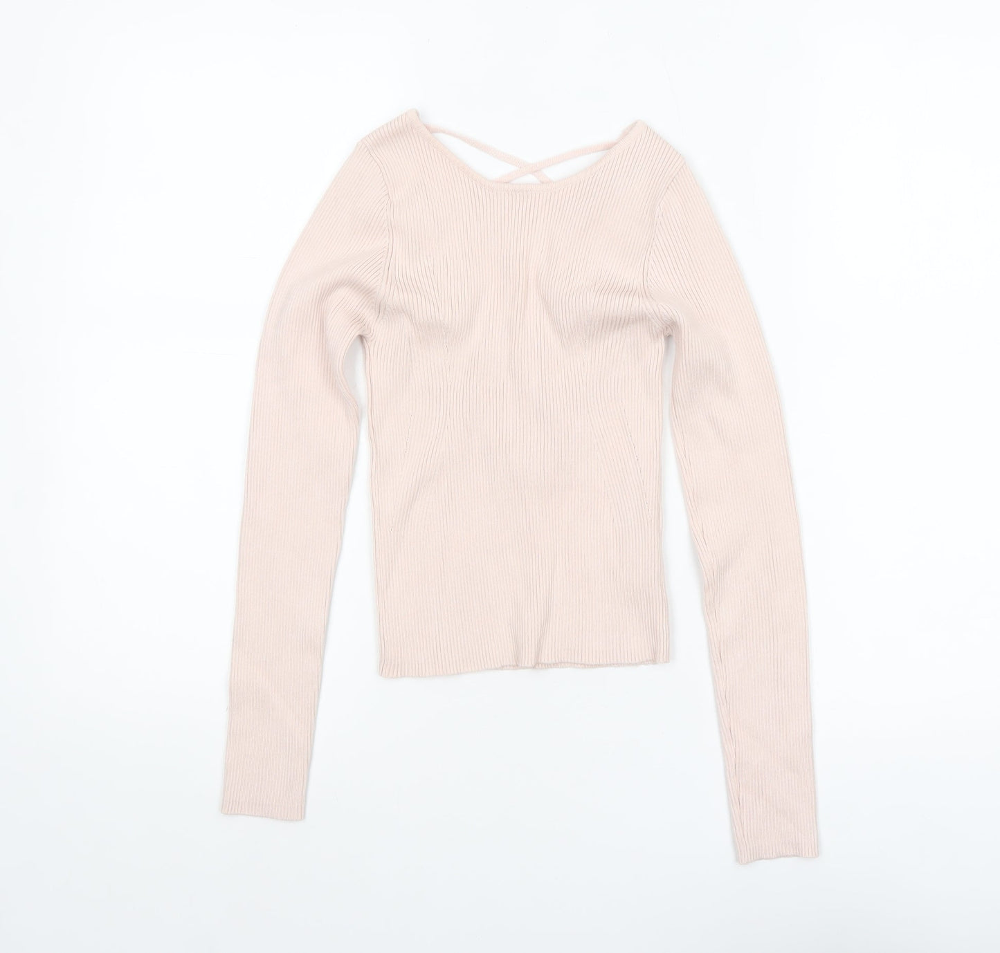 Stradivarius Women Beige Ribbed V-Neck Slim Fit Pullover Jumper Size 8