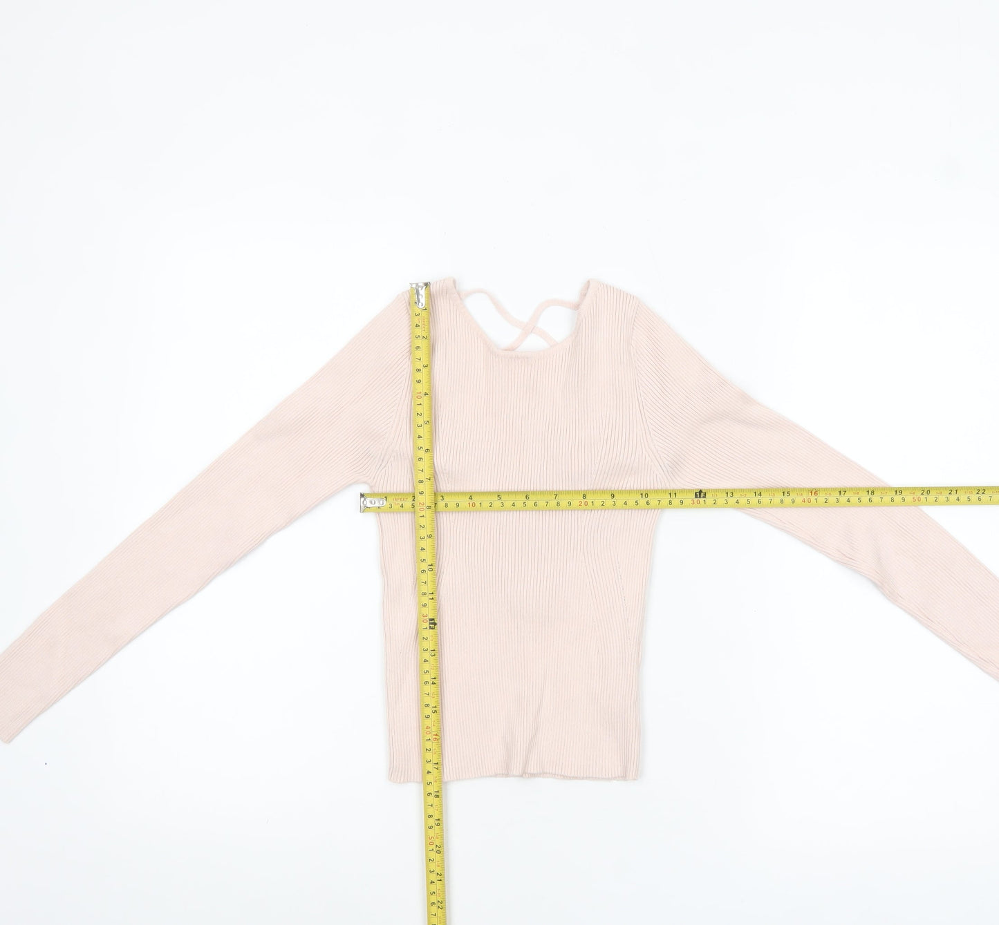 Stradivarius Women Beige Ribbed V-Neck Slim Fit Pullover Jumper Size 8