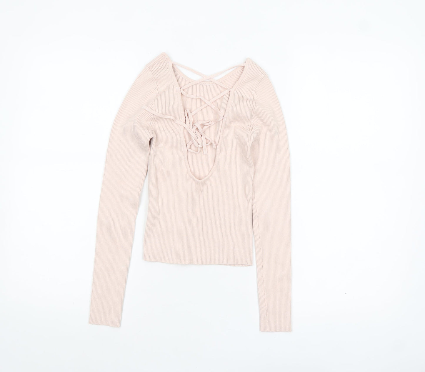 Stradivarius Women Beige Ribbed V-Neck Slim Fit Pullover Jumper Size 8