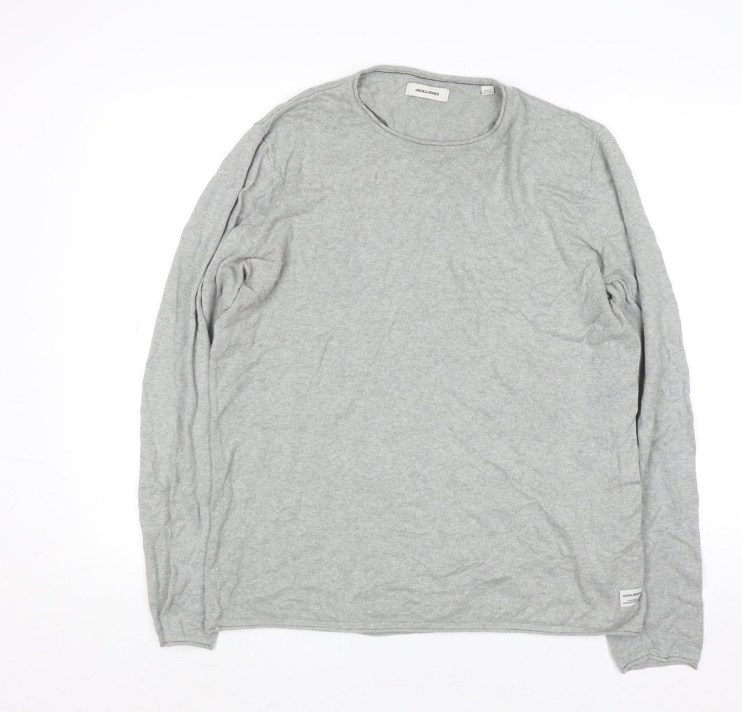 Jack & Jones Men's Grey Cotton Crew Neck Pullover Jumper Size L