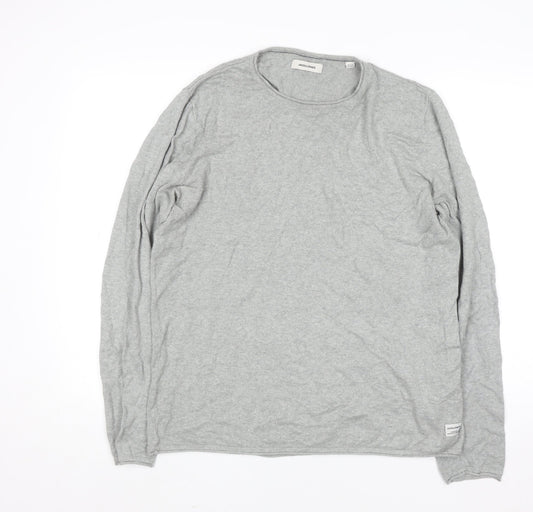 Jack & Jones Men's Grey Cotton Crew Neck Pullover Jumper Size L