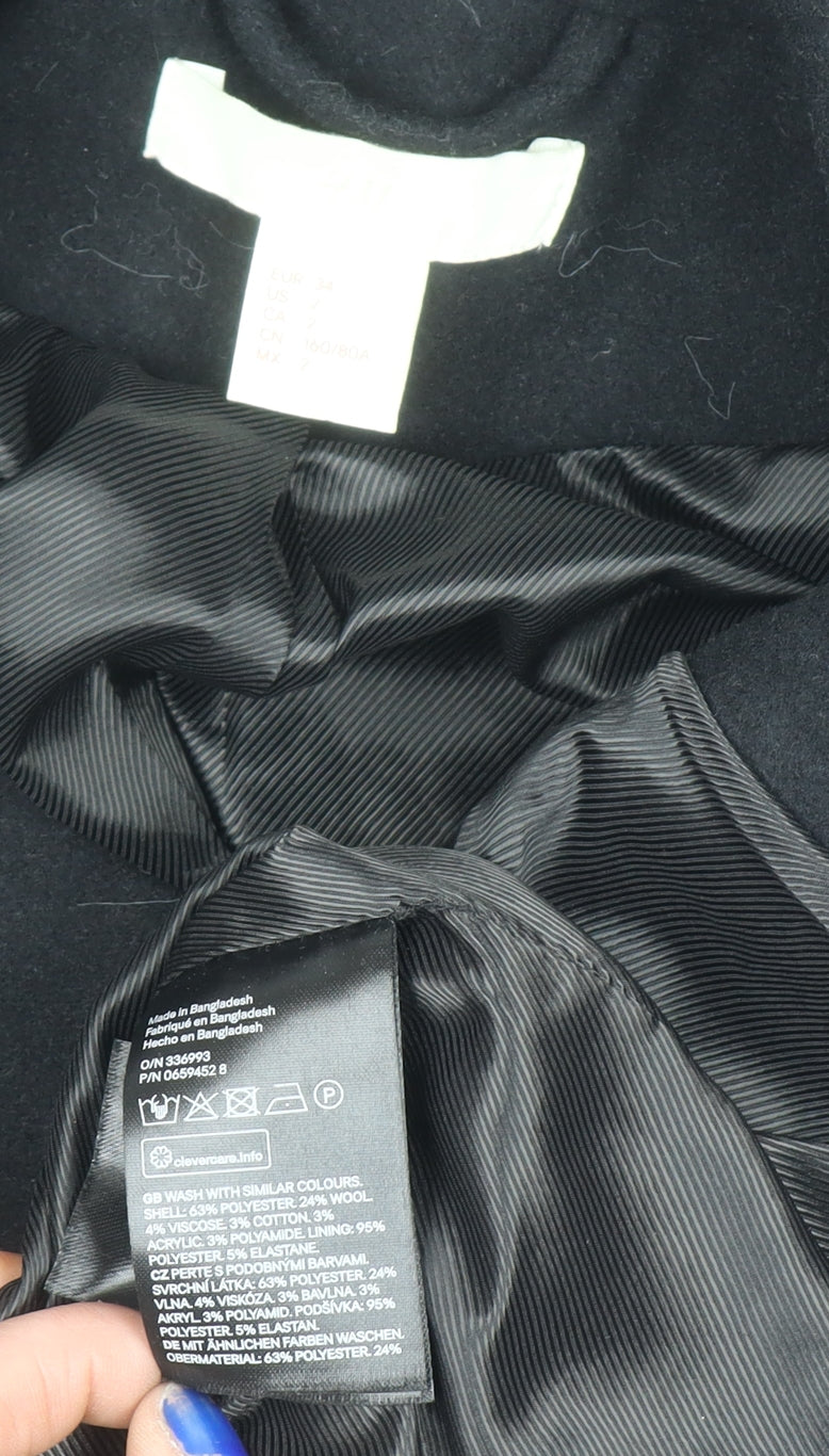 H&M Women’s Black Wool Blend Pea Coat Size 8 Regular Mid-Length