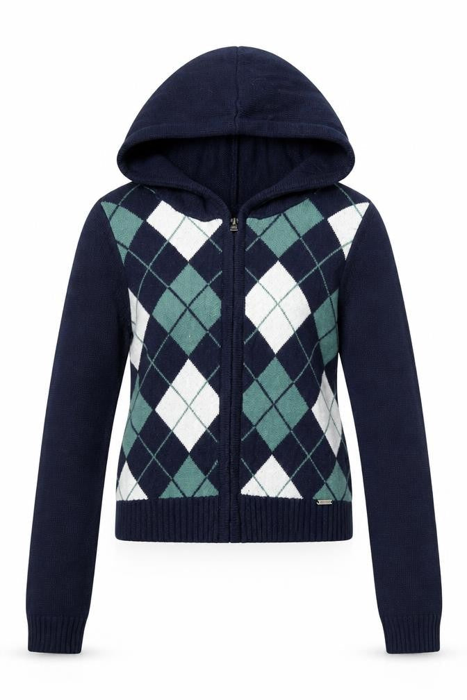 Hollister Women Navy Argyle Full Zip Hoodie XS Cotton Blend